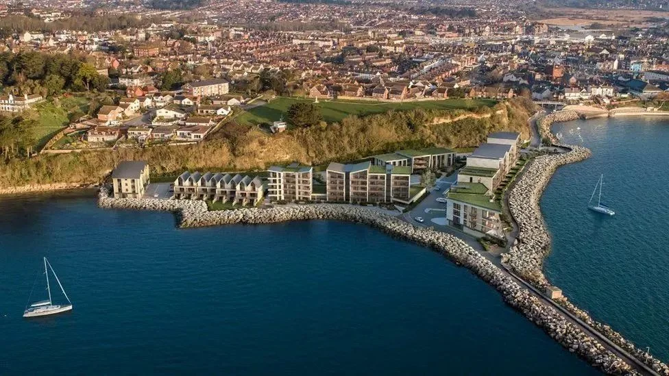 An aerial CGI of the Newtons Cove development in Weymouth which Holcim is suppying its limestone rock armour to for its new sea defences.