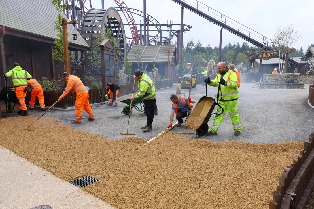 Contractors laying Holcim's Supercolour Ultra Buff at Paultons Park new Viking realm
