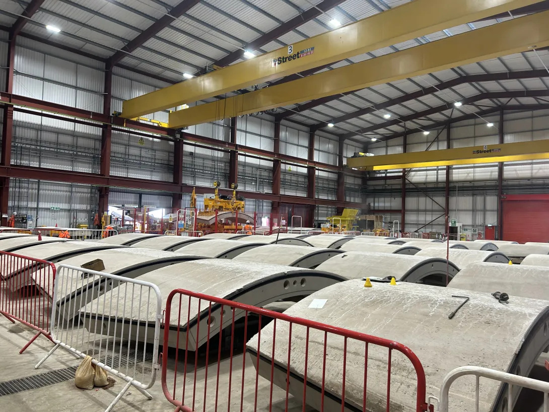 Inside a factory building containing pre-cast concrete tunnel segments for HS2