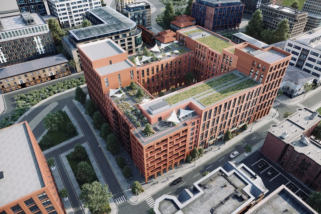 A render of the Smithfield Lofts residential development in Digbeth, Birmingham looking from above.