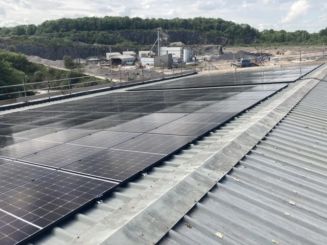 Roof mounted solar panels at Holcim UK's Moorcroft Quarry in Plymouth