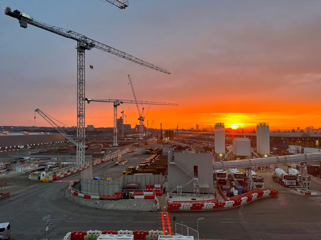 Sunrise over Old Oak Common HS2 Station in London during its construction