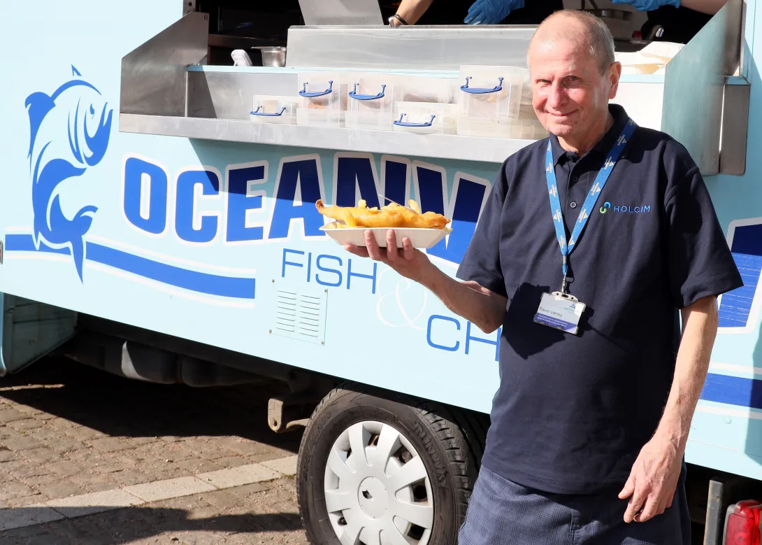 Trevor Varney celebrates 50 years service at Bardon Hill Quarry with fish and chips