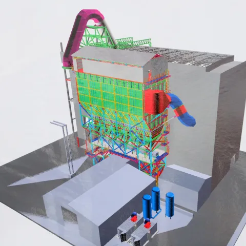 A computer generated image of the new Caudon kiln bag filter system.