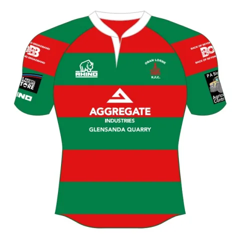 An Oban and Lorne Rugby Shirt with Aggregate Industries name and logo on along with Glensanda Quarry