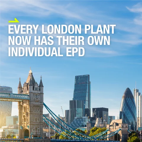 Social graphic with text about product and plant EPDs for London plants, set against a London skyline background.