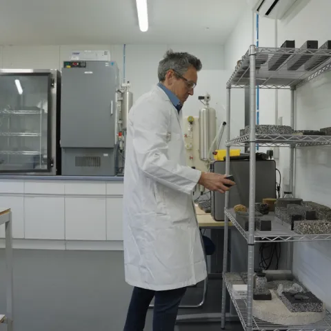 A technician carries out asphalt product testing at the Moordale Technical Centre at Hulland Ward