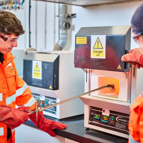 Cement apprentice Connor Haigh working in the Cauldon Cement Plant lab.