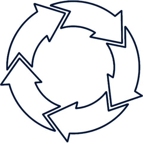 Circle made out of 5 interlocking arrows with a gradient from green to deep blue