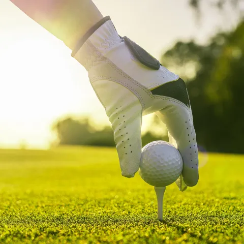 Golfer placing a ball on a tee