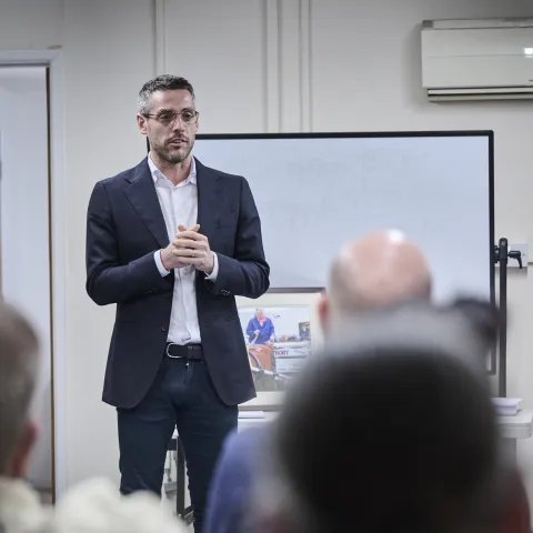 Holcim UK CEO Lee Sleight talking to staff at PJ Thory's Coates HQ after the company was acquired by Holcim.